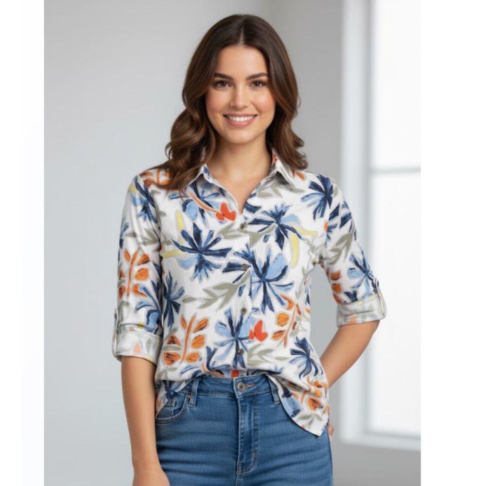 Pure Amici Blouse Floral Button Front Top Shirt NWT Womens Size S